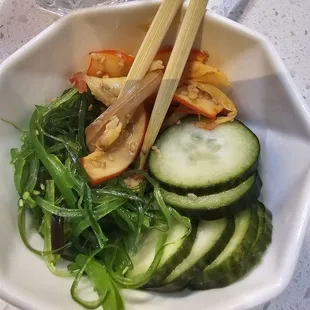 Appetizer salad from sushi chef. Squid salad, seaweed salad and pickled cucumber.