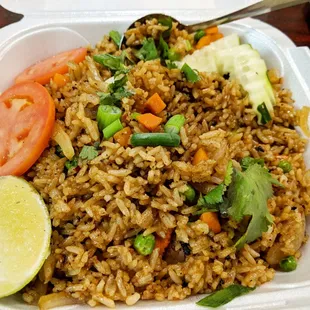 Vegan fried rice, add fried tofu and broccoli or asparagus