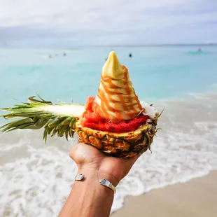 As tropical as it gets! Banana soft-serve swirled up in a pineapple!