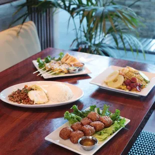 Chicken Satay, Pineapple Fried Rice, Chicken Mint leaves, Crab Nuggets