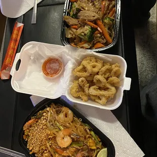 Pad Thai with chicken and shrimp. Calamari Pad See Ew with Chicken and duck.