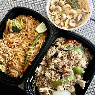 Pad Thai, basil fried rice and tom yum soup