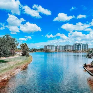 a view of a lake and buildings
