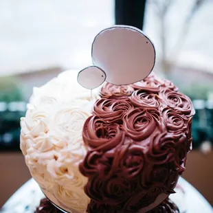 Half and half three layer cake for wedding (we made the topper based on book "The Missing Piece Meets the Big O")