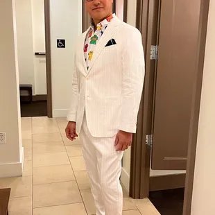 2022 summer season white pinstripes suits.  Thanks Mr Husband for modeling.