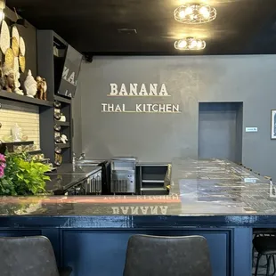 the counter and chairs