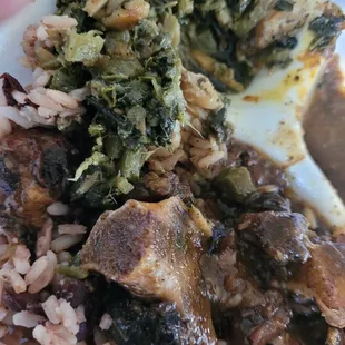 Oxtails, rice and peas, callaloo