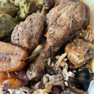 Combo plate: half curry chicken (left) half brown stew chicken (right). I liked the brown stew chicken was better