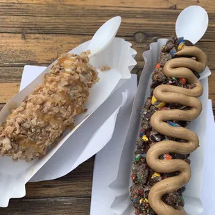 Halfsie, white chocolate, toffee &amp; caramel drizzle. Whole, chocolate, MnMs &amp; peanut butter drizzle. Shall I say more??