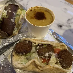 Falafel wrap and lentil soup