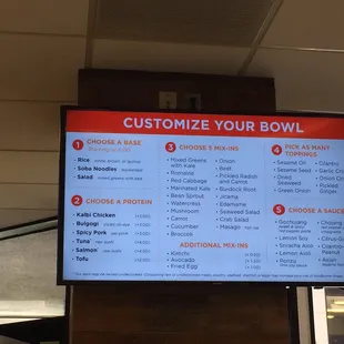 Menu to customize your bowl