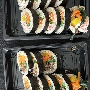 Almost forgot to get a picture bc it was soooo goood. Bulgogi &amp; crab kimbap. $7.99 each.