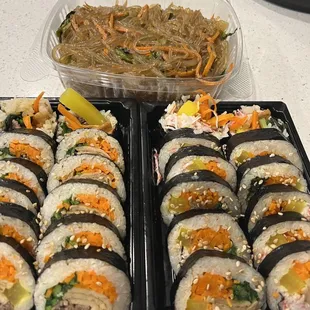 Bulgogi gimbap, crab gimbap, japchae