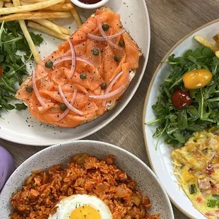 The smoked salmon toast, kimchi fried rice, omelette.