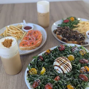 Smoked salmon tartine, mushroom toast, burrata truffle salad, Einspanner, biscoffee latte