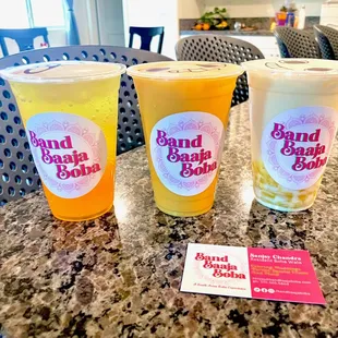 Mango Soda with Mango Popping Pearls, Mango Lassi, and Mango Milk with Mango Jelly