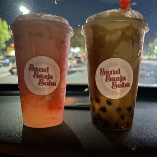 Guava Lassi with lychee jelly (left) and Brown Sugar Boba Masala Chai (right)