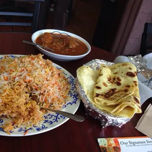 Goat briyani, chicken curry, chicken wrap and some prata.