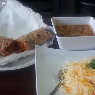 Chicken tandoori paratha wrap, chana masala &amp; side of basmati rice. Enough for 2 meals. Yum!