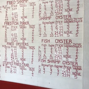 a menu on a wall
