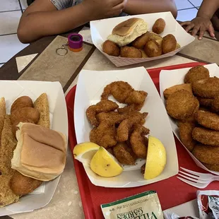 Kids mini corn dog, fried zucchini, fried Mac n cheese, and shrimp.