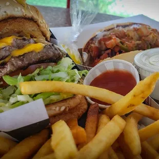 Fries, Double Cheeseburger, ranch, Onion rings and Hot Dog