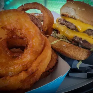 Onion rings and Double Cheeseburger