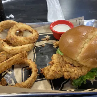 Chicken fried steak sandwich with rings