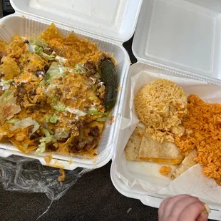 Soggy nachos  Different colors of the same rice ...  Missing Enchiladas 8 oz. Rice and 8 oz. Beans
