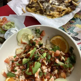 Shrimp Ceviche/carne asada fries