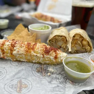 Takeout! Elote, breakfast burrito, guacamole side and chips, escabeche (hot pickled carrot and pepper mix)