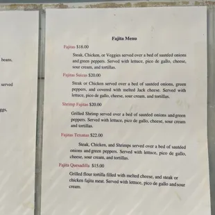 Fajitas Menu