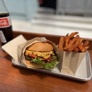 The Wingman chicken sandwich with sweet potato fries