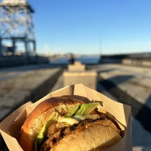 a hand holding a sandwich with a view of the water
