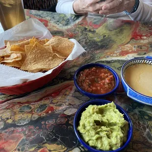 Chips, Salsa, Guacamole, Queso