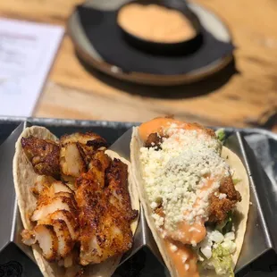 Blackened Fish Taco (sauce on the side) and Bang Bang Shrimp Taco