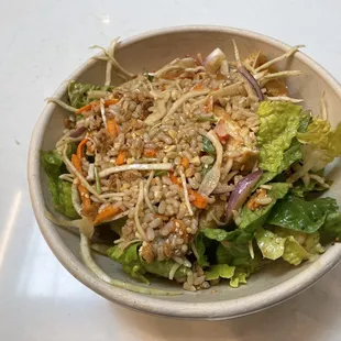 Tofu brown rice bowl with peanut sauce