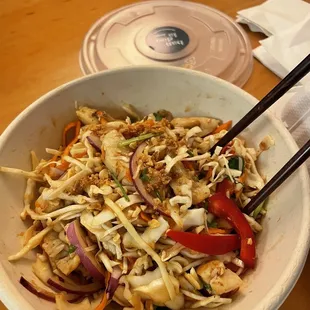 Spicy noodle bowl with chicken