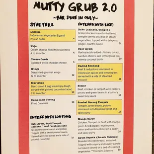 Nutty Grub Bar menu: available nightly in bar Thursday- Saturday!