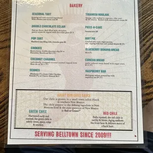 Bakery menu