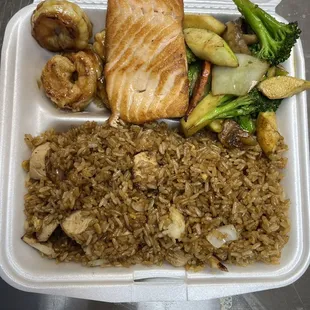 a meal in a styrofoam container