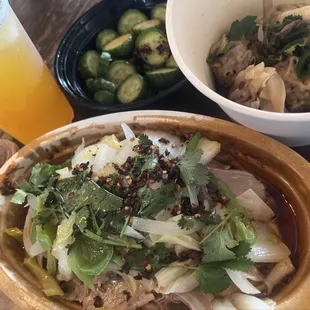 My order: cumin noodles, dumplings, cucumber salad, peach tea!! Amazingly delicious!!!