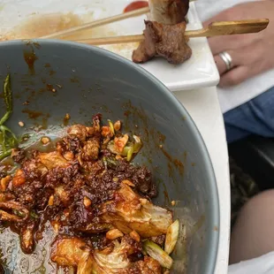 Oops, we ate it -- spicy fried cauliflower (no lie, good spice level!) and almost finished beef short-rib and pork belly skewers