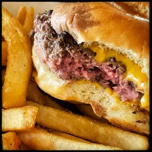 Cheeseburger- just cheese, meat and the bun. Perfection!  And the fries are good too!