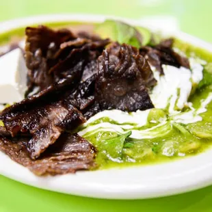 Carne asada and avocado tomatillo salsa