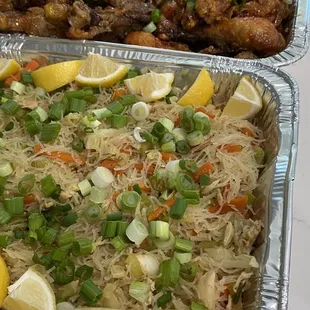 Patty platters.  Pancit Bihon, sweet chili drumsticks, lumpia