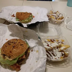 Bacon burger, parmesan burger and loaded fries
