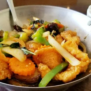 Spicy Catfish with eggplant, bell peppers, carrots, onions, basil &amp; spicy, sweet sauce