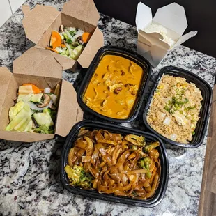 Tonight&apos;s takeout order. Massaman Curry, Fried Rice, and Pad Kee Mao, all with chicken. Two steamed vegetables. $61.98 after tax and tip.