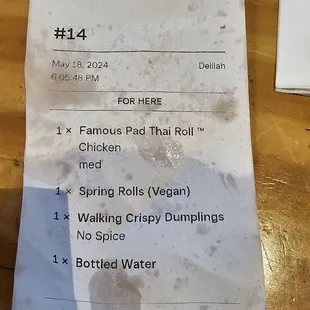 Receipt to remember what I ordered